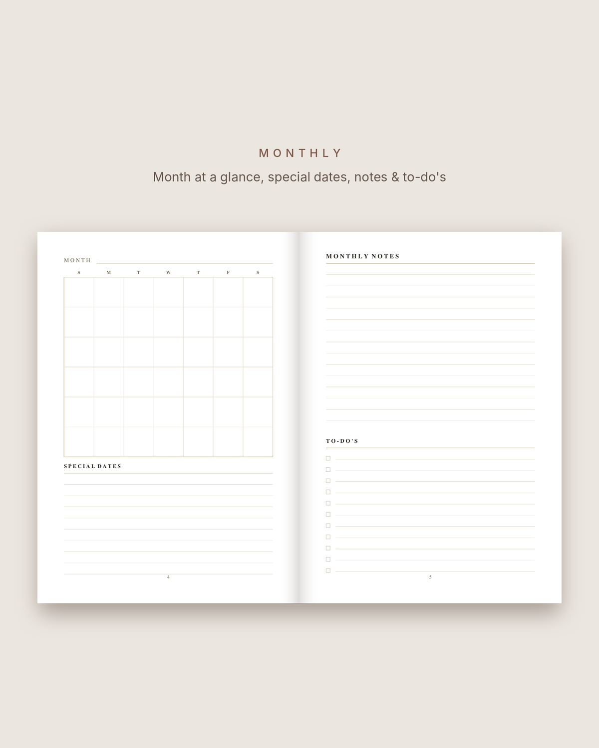 Planner monthly spread: month calendar, special dates, monthly notes and to-do's