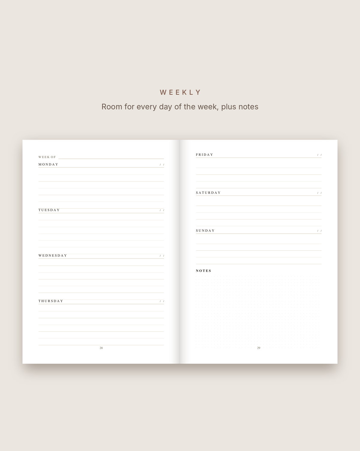 Planner weekly spread: Monday through Sunday with room for notes