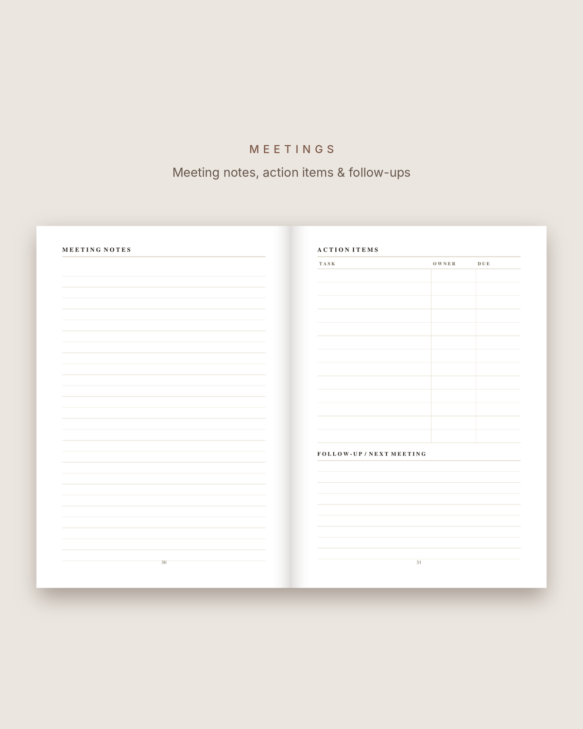 Planner meeting pages: meeting notes, action items and follow-ups