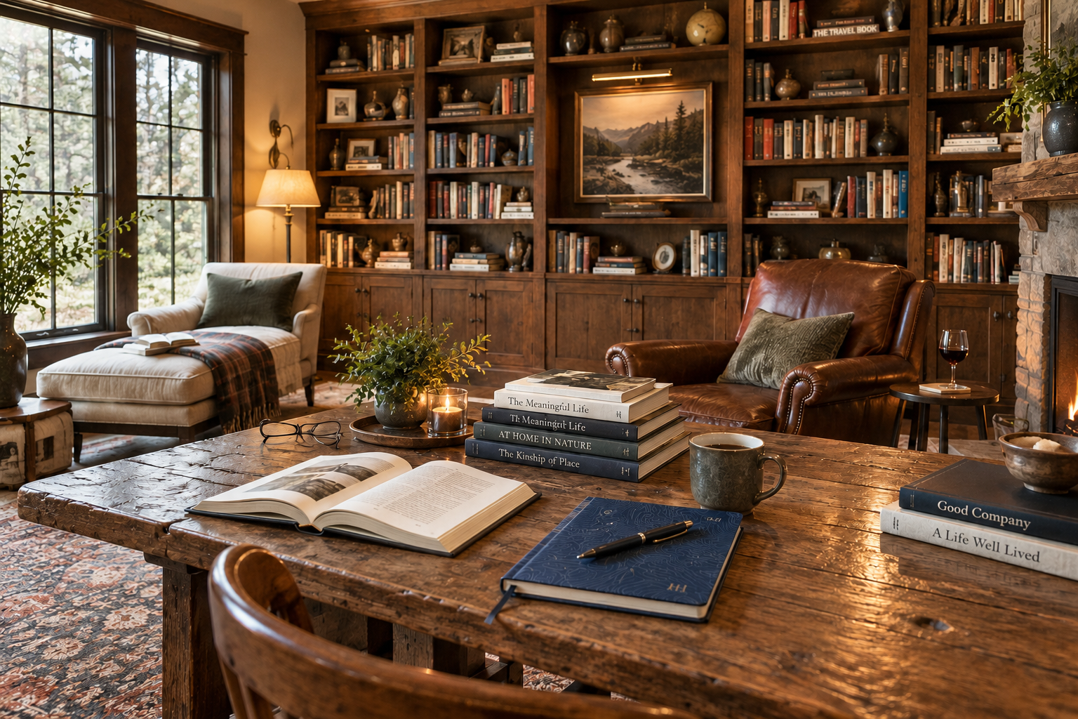 A quiet writing room with an open journal, pen, and stack of books