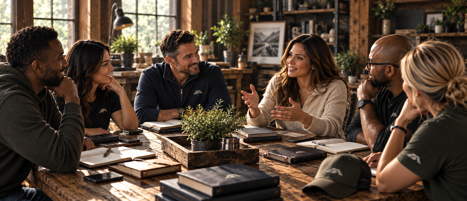 Four men of diverse backgrounds in conversation around a long wooden table with coffee, food, and an open book
