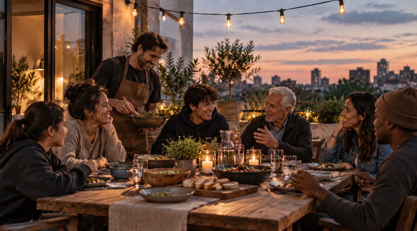 A diverse group gathered around a long wooden table on a terrace at sunset, sharing food and conversation under string lights