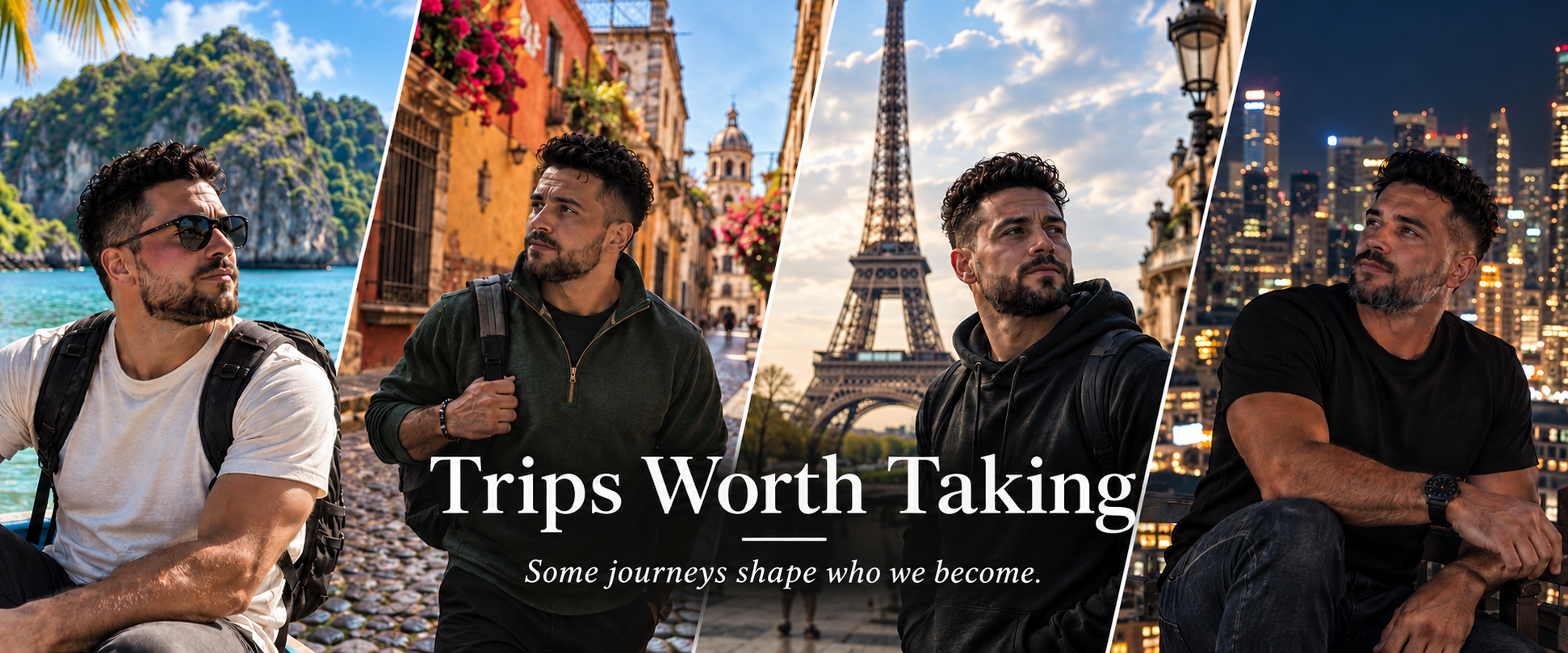 Trips Worth Taking — a traveler across beach, European street, Paris, and a night city