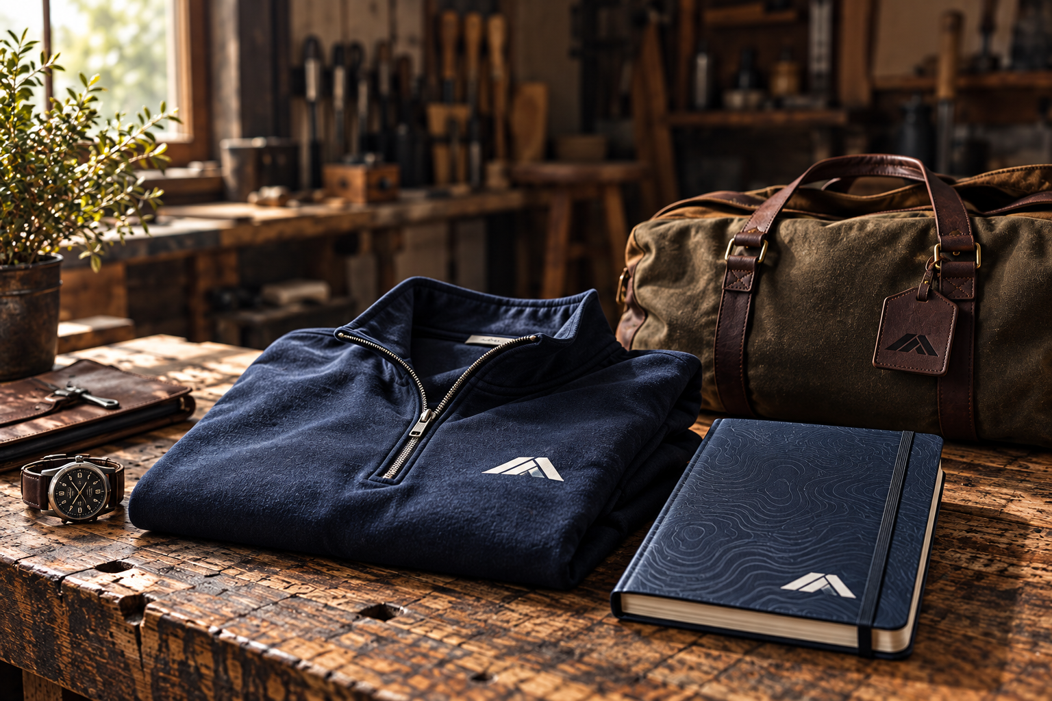 A worn workbench with a folded canvas jacket, leather journal, and brass key