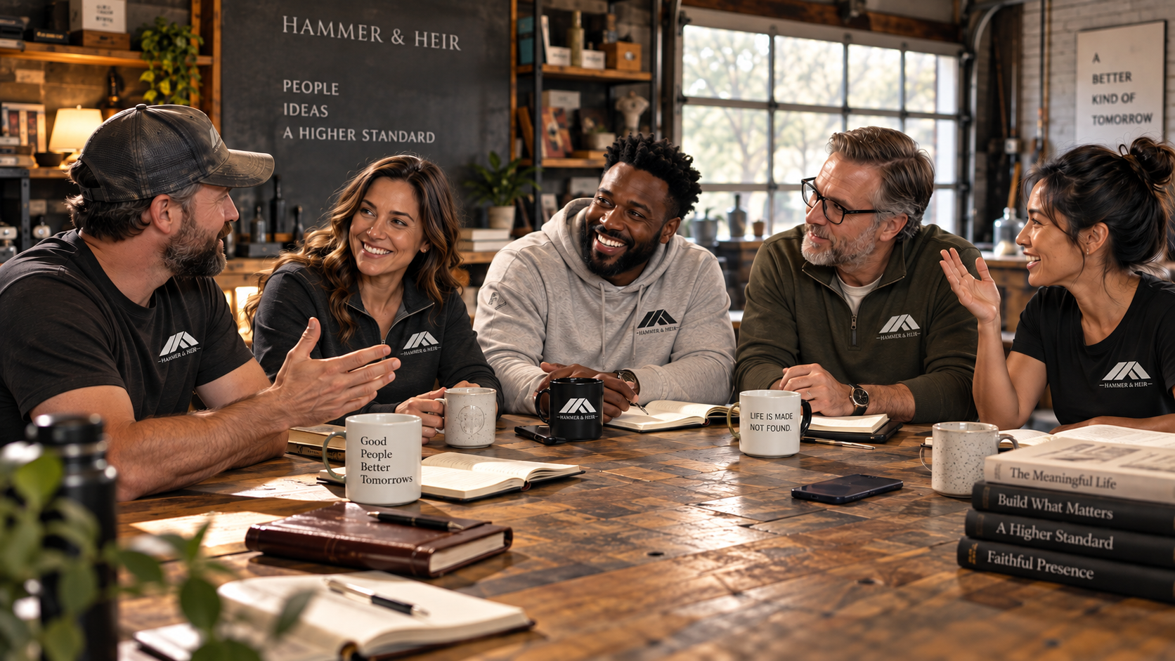 A group gathered around a reclaimed wood table in a warm workshop, sharing ideas over coffee and notebooks