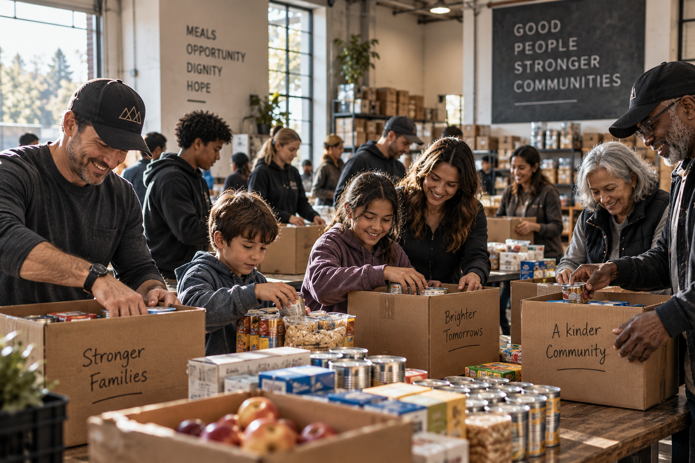 Volunteers packing boxes labeled Stronger Families, Brighter Tomorrows, and A Kinder Community at a food bank